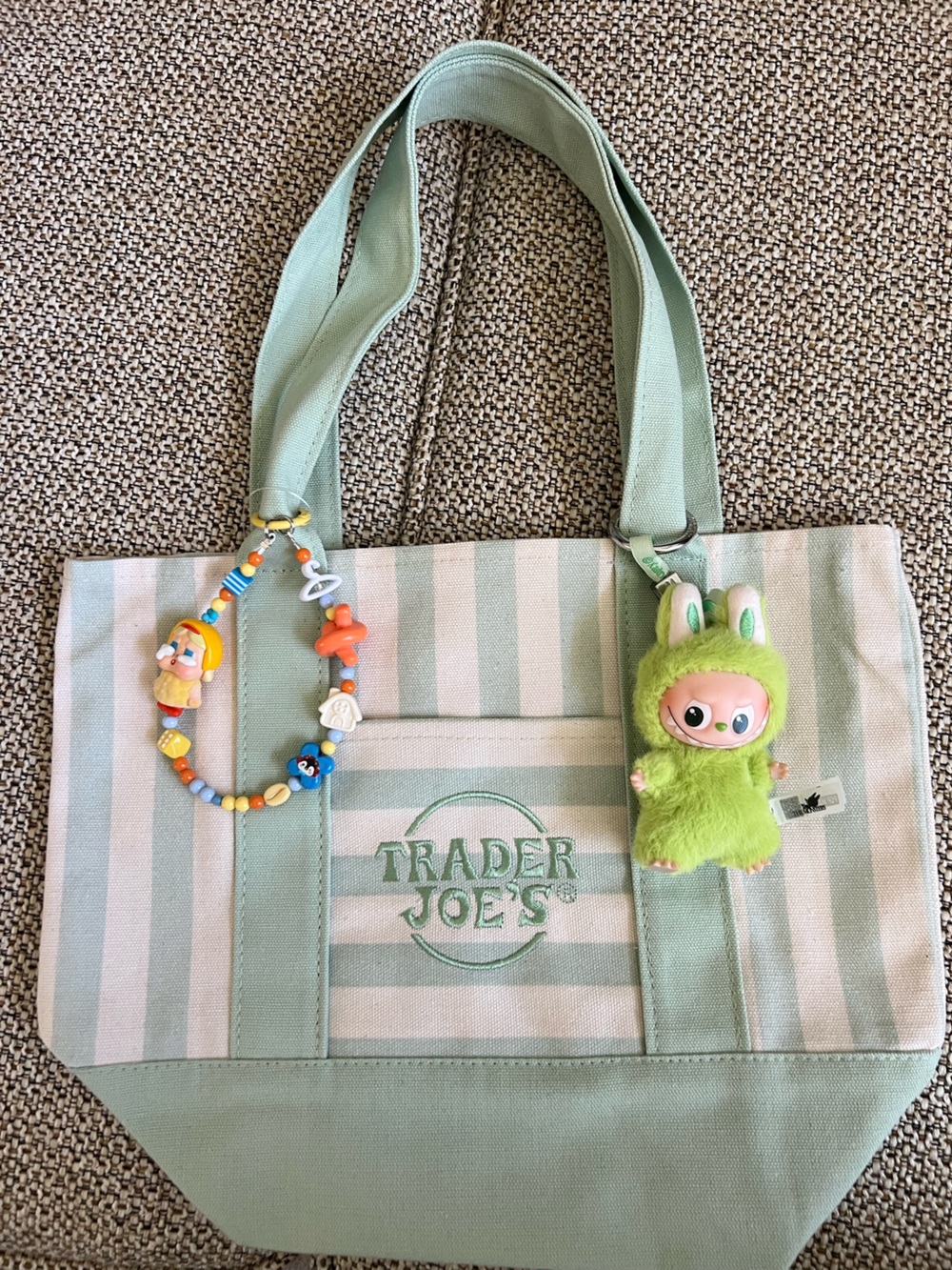 Trader Joe’s Green Stripe Tote Bag with pin for love labubu Plush Charm